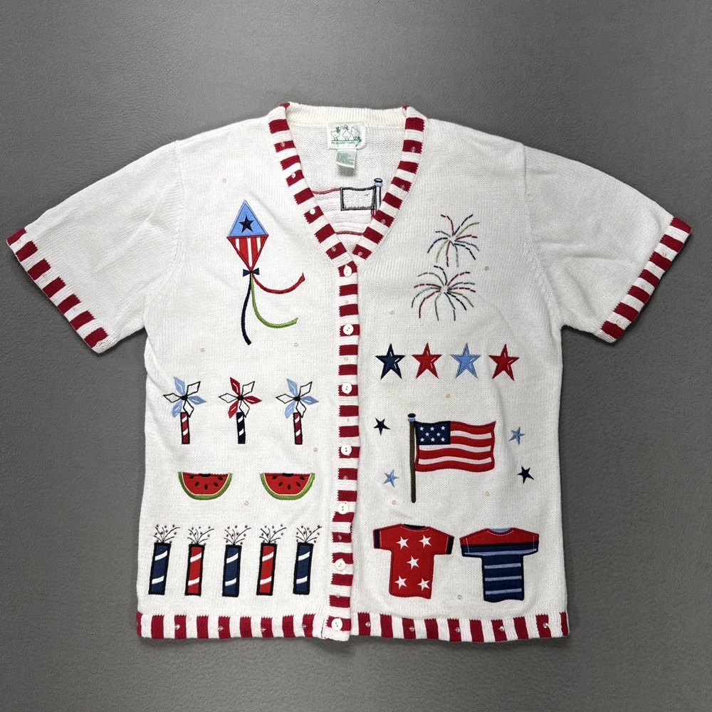 Quacker Factory White Patriotic Embroidered Short-Sleeve Cardigan with Red Trim